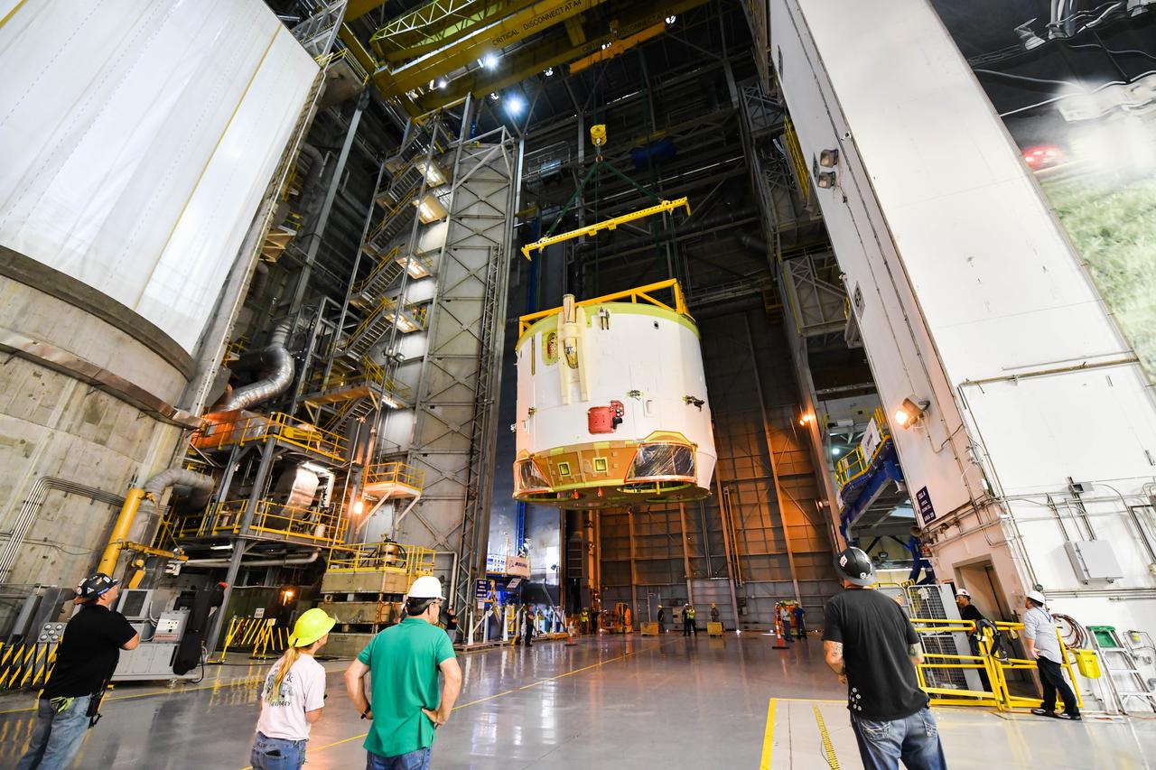Technicians at NASA’s Michoud Assembly Facility in New Orleans rotated the engine section for NASA’s Space Launch System rocket from a vertical to horizontal position to prepare it for joining to the rest of the rocket’s core stage on Sept. 13. The engine section, which comprises the lowest portion of the 212-foot-tall stage, is the last major component to be horizontally integrated to the core stage. Michoud crews completed assembly on the flight hardware that will be used for Artemis I, the first lunar mission of SLS and NASA’s Orion spacecraft, on Aug. 29. The core stage’s two liquid propellant tanks and four RS-25 engines will produce more than 2 million pounds of thrust to send the SLS rocket and Orion on the Artemis lunar missions. The engine section houses the four RS-25 engines and includes vital systems for mounting, controlling and delivering fuel form the propellant tanks to the rocket’s engines.  Offering more payload mass, volume capability and energy to speed missions through space, the SLS rocket, along with NASA’s Gateway in lunar orbit and Orion, is part of NASA’s backbone for deep space exploration and the Artemis lunar program. No other rocket is capable of carrying astronauts in Orion around the Moon in a single mission.